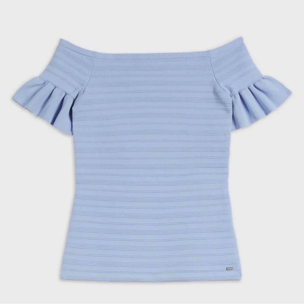 Ted Baker Misteey Bardot Frill Knitted Off Shoulder Top Size 6 US 16 Blue